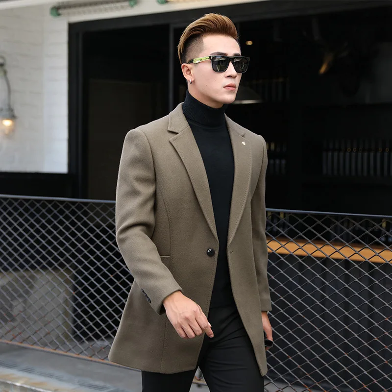 

Medium and long woolen men's business men's suit Winter men's pure woolen coat in the long slim minimalist handsome male coat