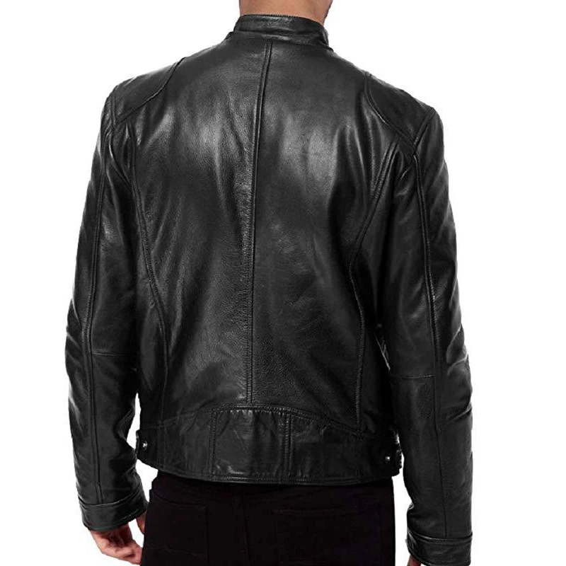 

2021 Men Leather Stand Collar Zipper Short Jackets Motorcycle Side Zipper Pockets Jackets Long Sleeve Winter Biker Jackets -40