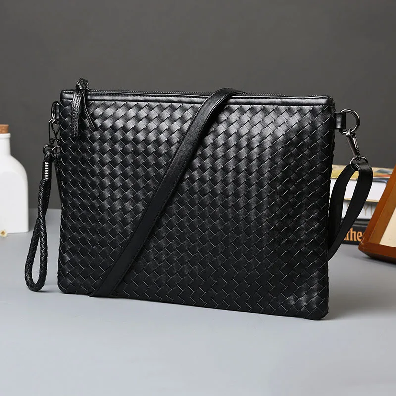 Men Leather Business Handbag 2020 New Fashion Male Black Envelope Bag Male Casual Weave Leather Briefcase