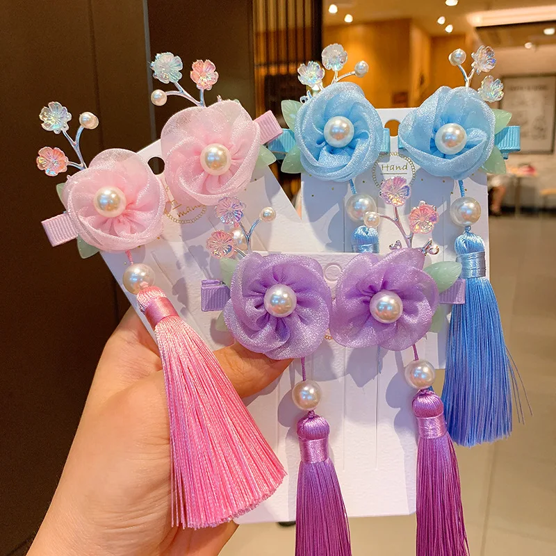 Винтажные заколки Hanfu с цветами бабочкой помпоном шариками китайские для волос