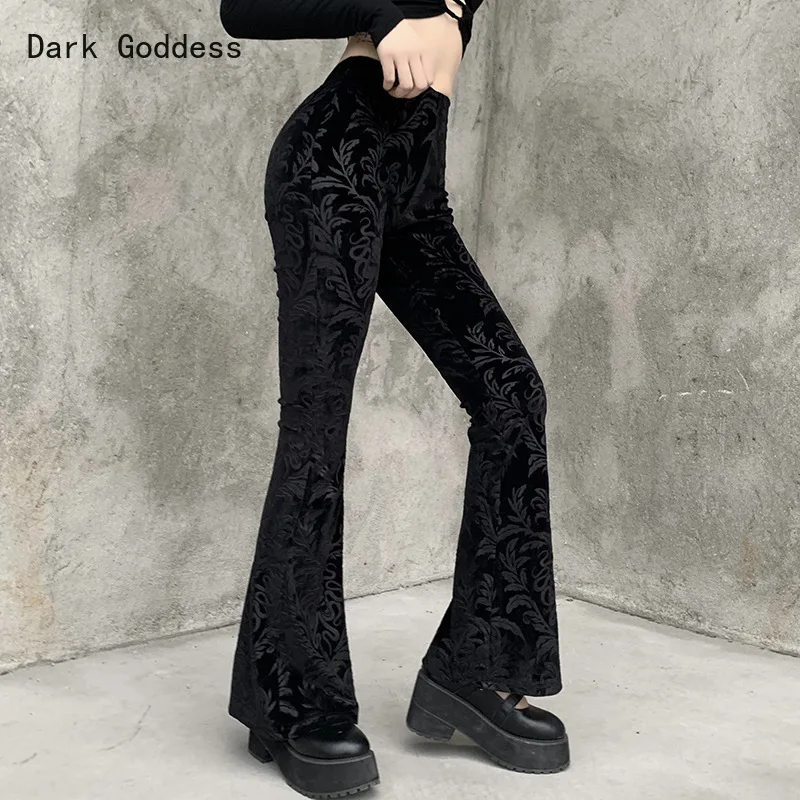 Черные брюки-клеш в ретро-стиле с готическим принтом женские бархатные брюки
