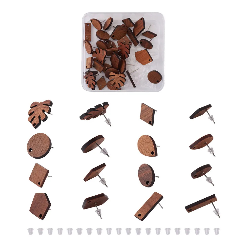 

Walnut Wood Stud Earring Findings with Stainless Steel Pin Plastic Ear Nuts Mixed Shapes Jewelry Earrings Making Accessories