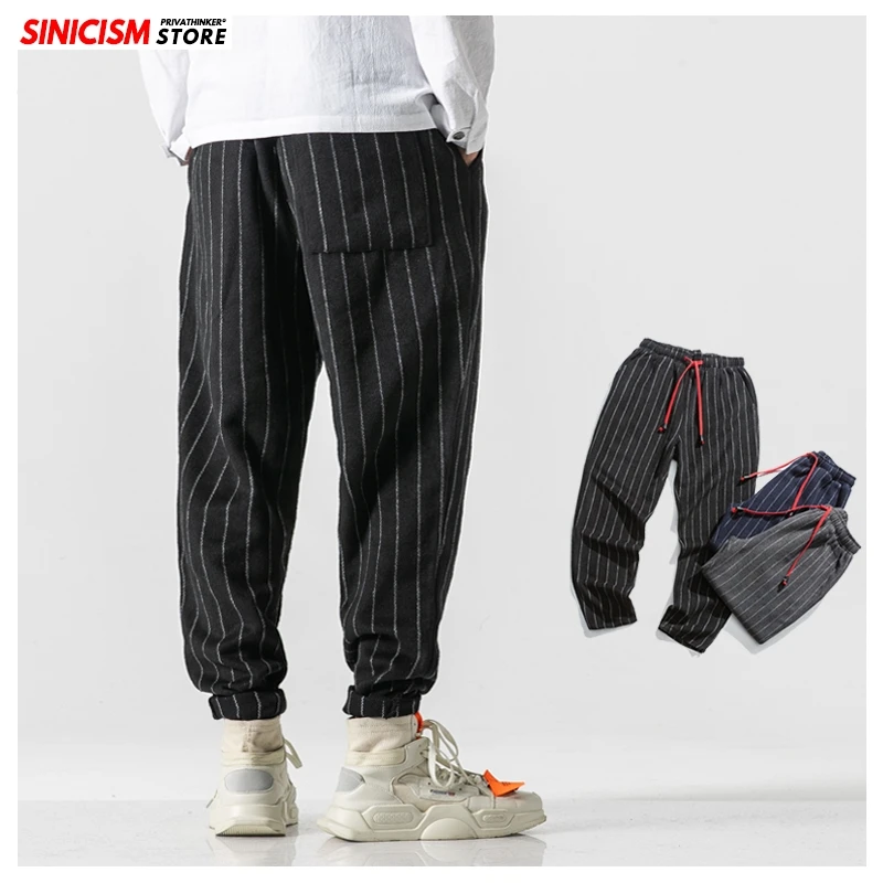 Sinicism Store осенние тонкие шаровары мужские повседневные клетчатые брюки с карманами эластичные хлопковые брюки мужские