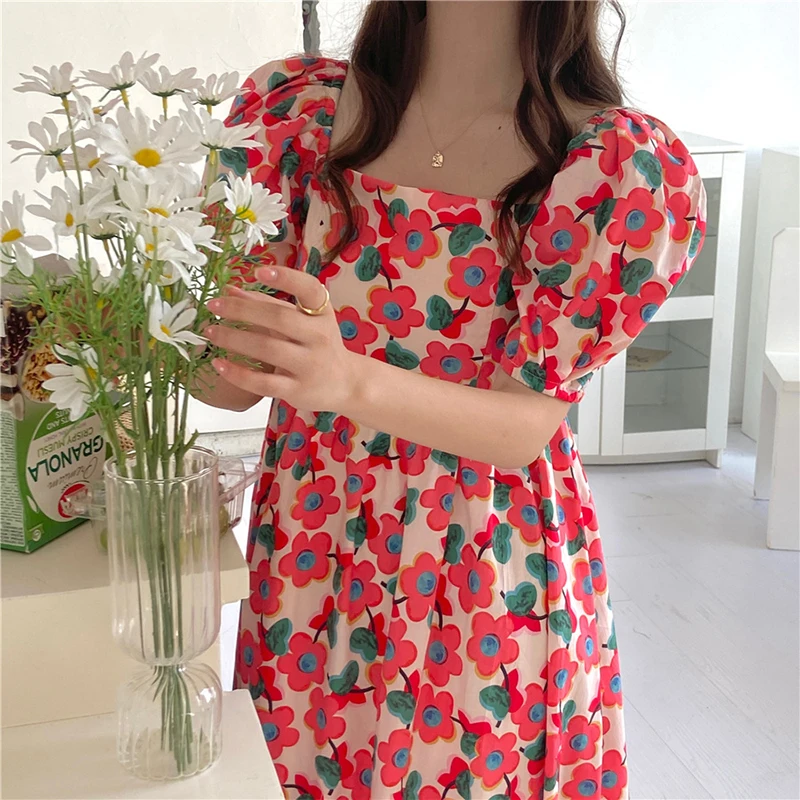 

GALCAUR Vintage Floral Print Colorblock Long Dresses For Women 2021 Square Collar Puff Sleeve High Waist Midi Dress Females New