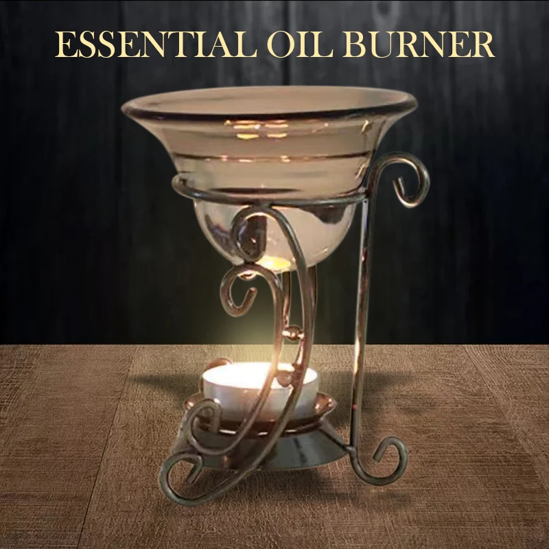 1 Pc Vintage Iron Aroma Burner Frame Glass Plate Candle Fragrance Lamp Oil Furnace with Iron Stand Home Ornaments Crafts