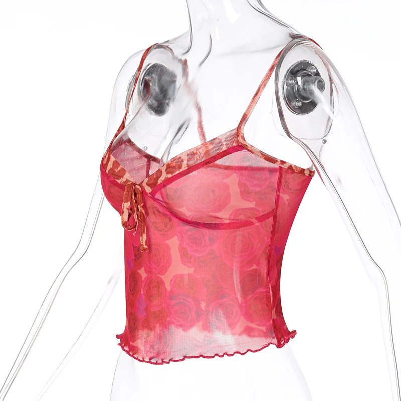 

A&BHelenss 2021 Summer Women Fashion Streetwear Outfits Tees Mesh Floral Print Patchwork Bandage Sleeveless Sexy Crop Top