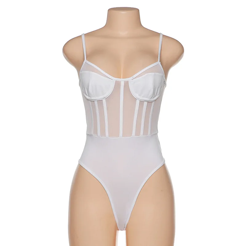 

Darcydebie 2020 Summer Women Sexy Mesh Patchwork Bodycon Bodysuit White Black Spaghetti Strap Sheer Rompers Club Party Clothes