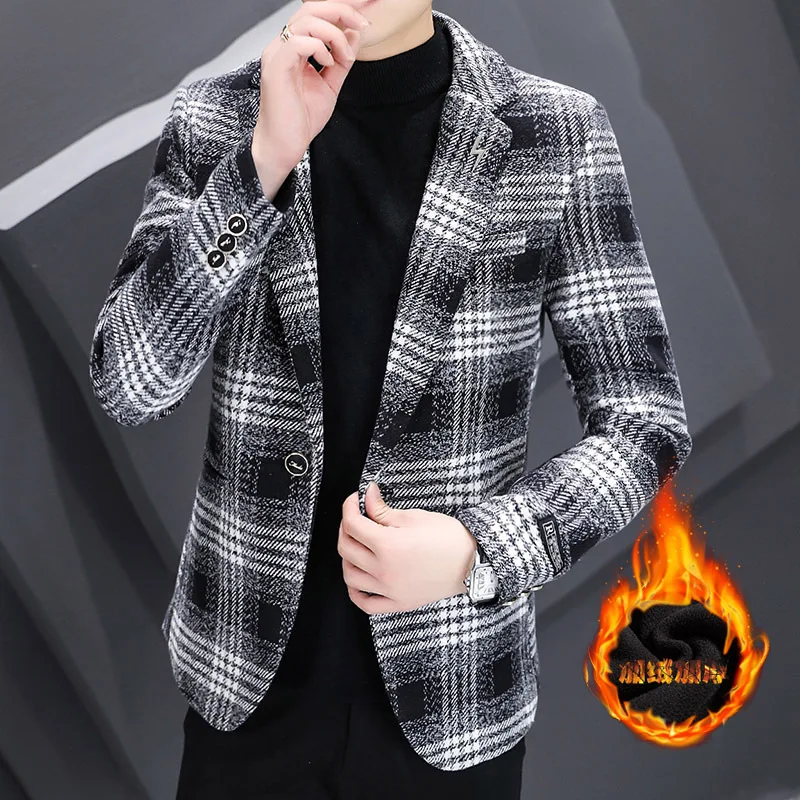 HOO 2022 Men's Winter Fleece-Lined Thickened Plaid blazer Youth Casual Handsome Slim-Fit Thick jacket | Мужская одежда