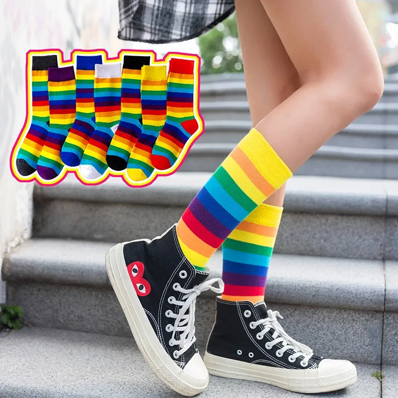 

New Arrival Cotton Women Long Sock Candy Colors Rainbow Striped Sporty Meias Retro Harajuku Casual Socks Calcetines Dropshipping