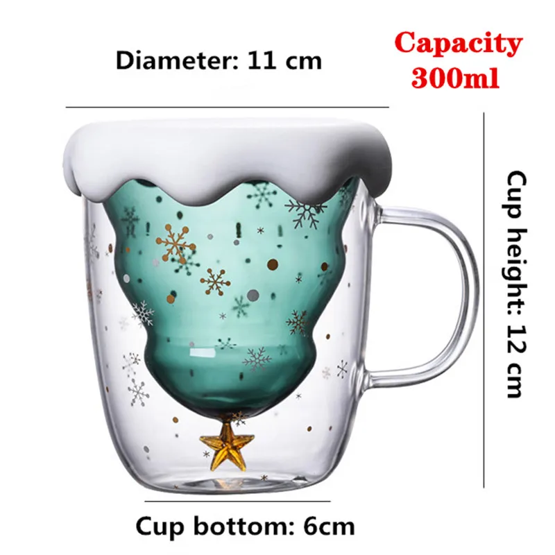 

Cute Christmas Tree Mug Double Wall Glass Coffee Cups with Silocone Lid Snowflake Star Xmas Gift Wine Tea Milk Water Tumbler