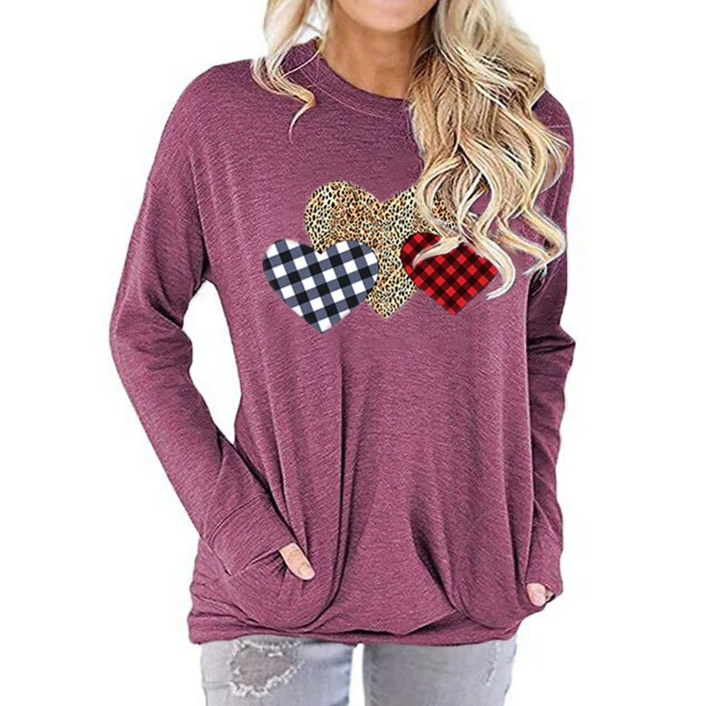 

Carney cross border European and American pop top Amazon love print round neck long sleeve pocket T-shirt