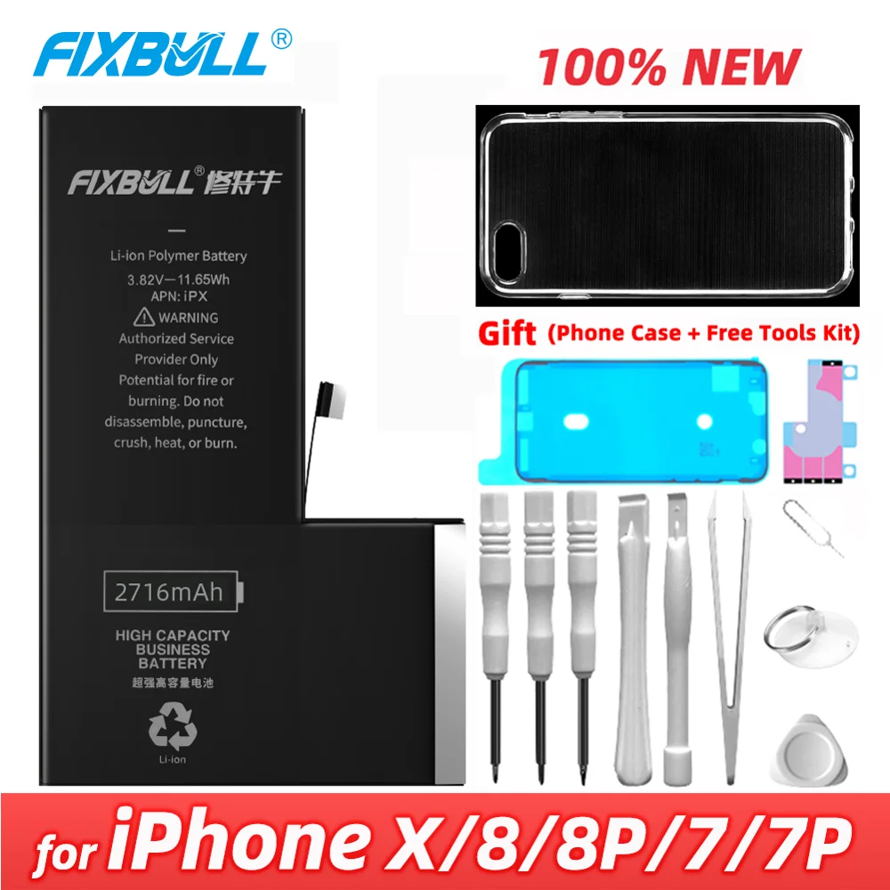 Новый литиевый аккумулятор FIXBULL для iPhone X 8 7 Plus 8plus 7 plus, оригинальный сменный аккумулятор для телефона, реальная емкость + набор инструментов