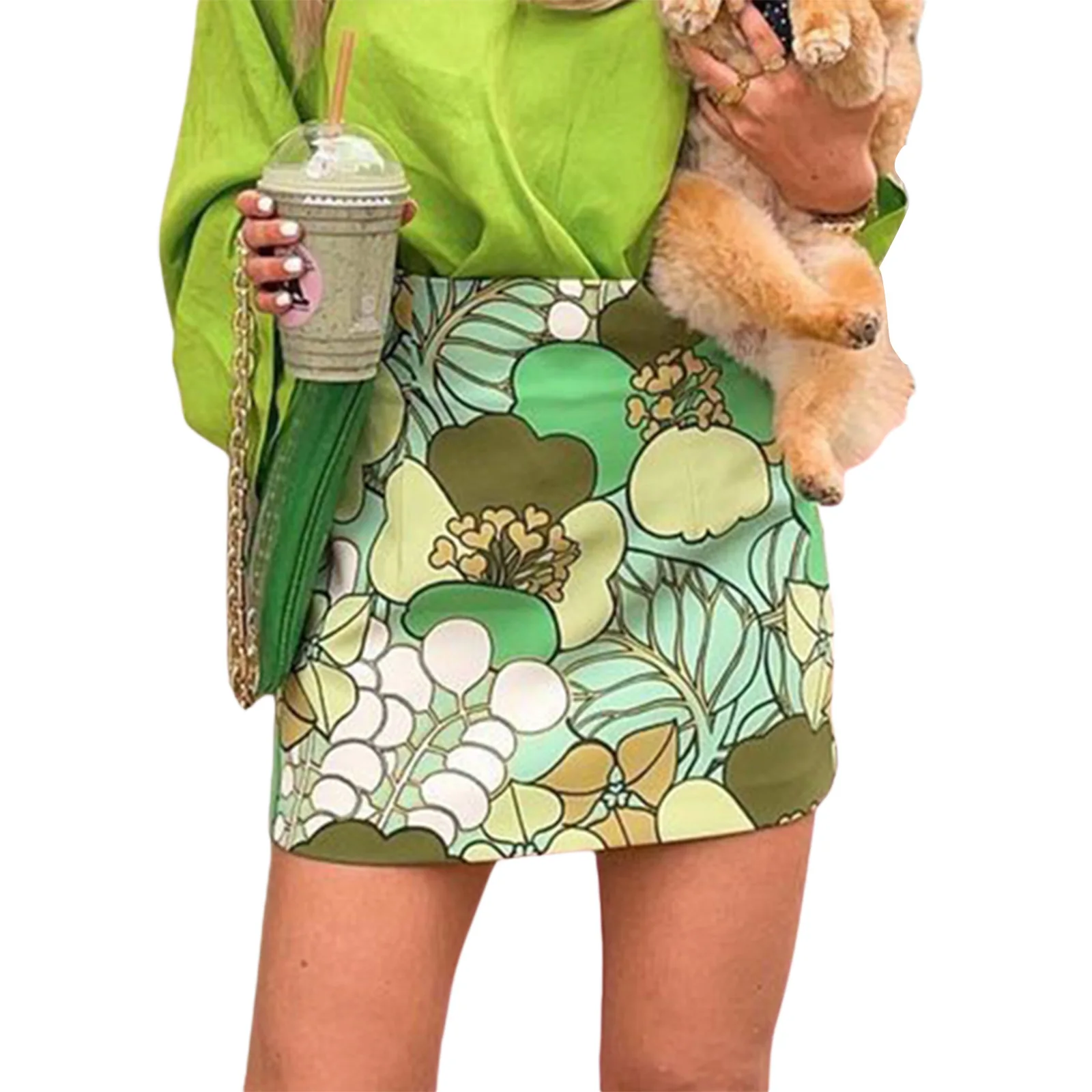 

Women\u2019s Casual High Waist Tight Skirt Summer Personality Plants Printing Short Skirt