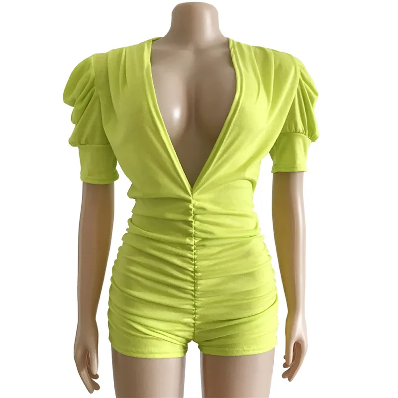 

YEYA Sexy Open Chest Playsuits Pleated Short Puff Sleeve Deep V Neck High Waist Hollow Out Package Hip Party Nightclub Overalls