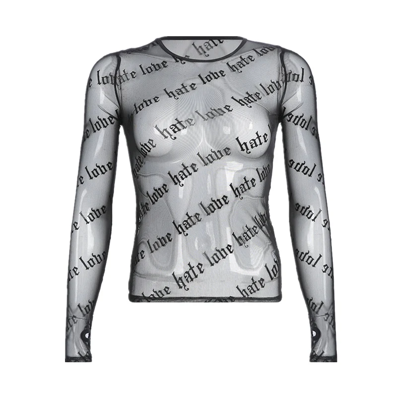 

Personality letter printing thin section perspective shirt female nightclub club mesh T-shirt sexy street
