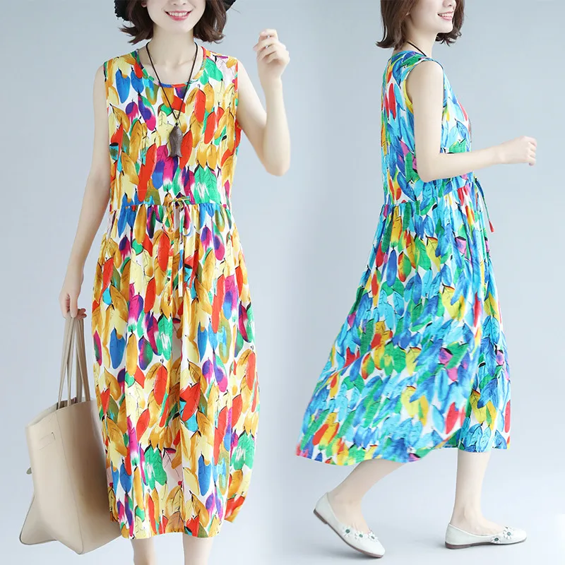 Повседневное богемное платье размера плюс с тонким поясом лето 2020 пляжное без