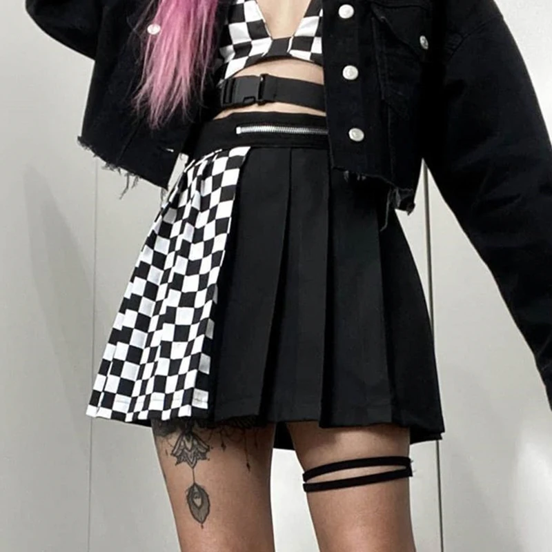 

SUCHCUTE gothic high waist women pleated mini skirt patchwork ribbons A-line Skirts streetwear solid female party outfits