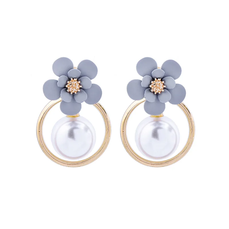 Fashion Drop Earrings For Women Ins Cute Sweet Gold Color Circle Light Blue Enamel Petals Flowers Acrylic Pearl Dangle Earring Jewelry Accessory