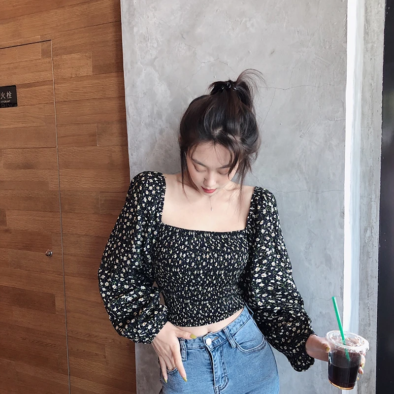 

vintage print square collar lantern sleeve full crop top Women's Clothing Spring and autumn tops high quality Shirts fashion