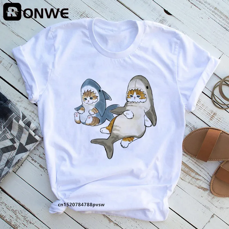Забавная женская футболка Y2K с котом и акулой летняя одежда для женщин 90-х модные