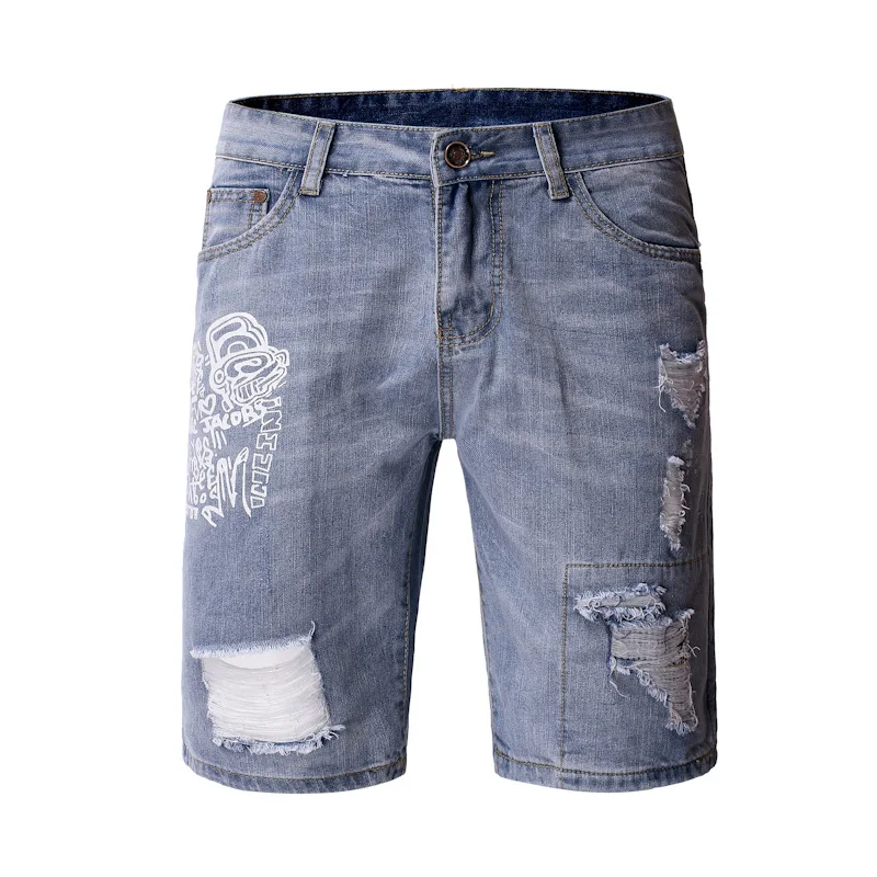 

denim shorts men casual fashion high quality brand Hip hop ripped denim shorts male summer printed jeans men
