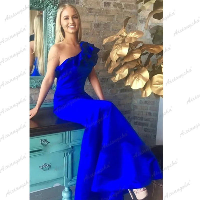 

Jasmine One-Shoulder Evening Dresses Blue Mermaid Simple Ruffles Formal Party Gowns Vestidos De Noite