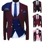 Новый дизайн, мужской свадебный костюм бордового цвета, индивидуальный облегающий смокинг для жениха, деловой костюм, куртка, двубортный жилет и брюки, 3 предмета