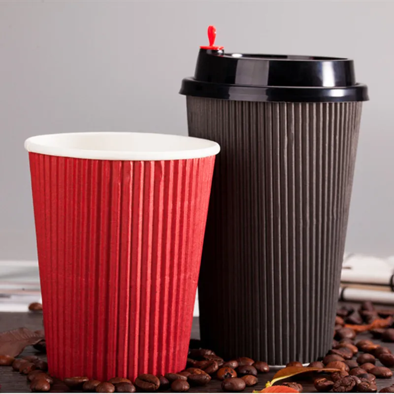 

50pcs Disposable corrugated double layer thick insulated hot drink coffee milk tea takeaway packaging paper cup with lid