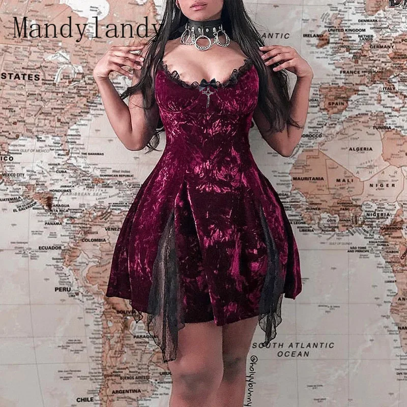 

Mandylandy Gothic Dress Vintage Sexy Lace Mini Dress Grunge Dark High Waist Slit Dress Goth Lolita Noble Velvet Party Dresses