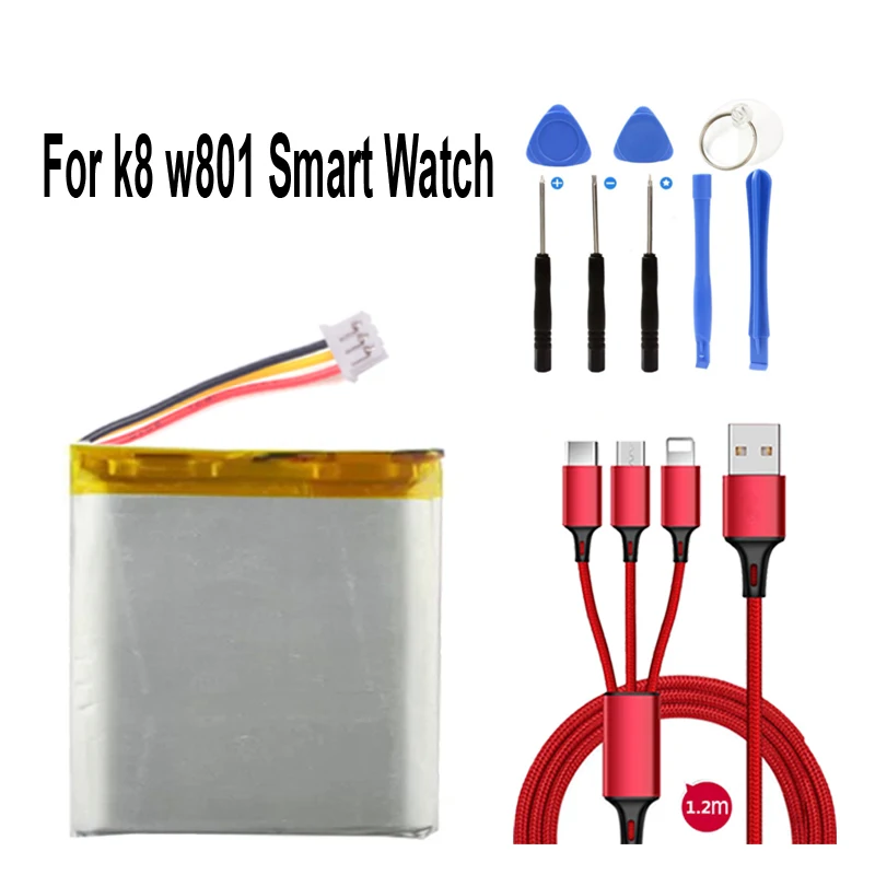 100% НОВЫЙ аккумулятор на 450 мАч для Smart Watch телефона k8 w801, Smartwatch наручных часов + USB-кабель + набор инструментов.