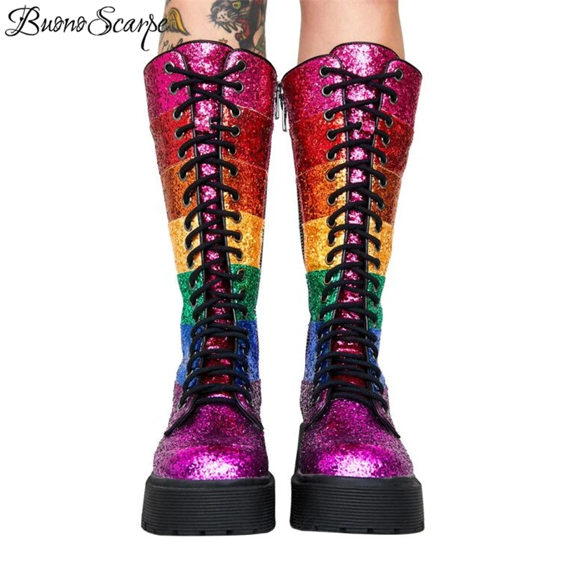 Buono Scarpe/шикарные женские ботинки до середины икры; женская обувь на платформе с перекрестной шнуровкой; Botas Fenimina; Новинка года