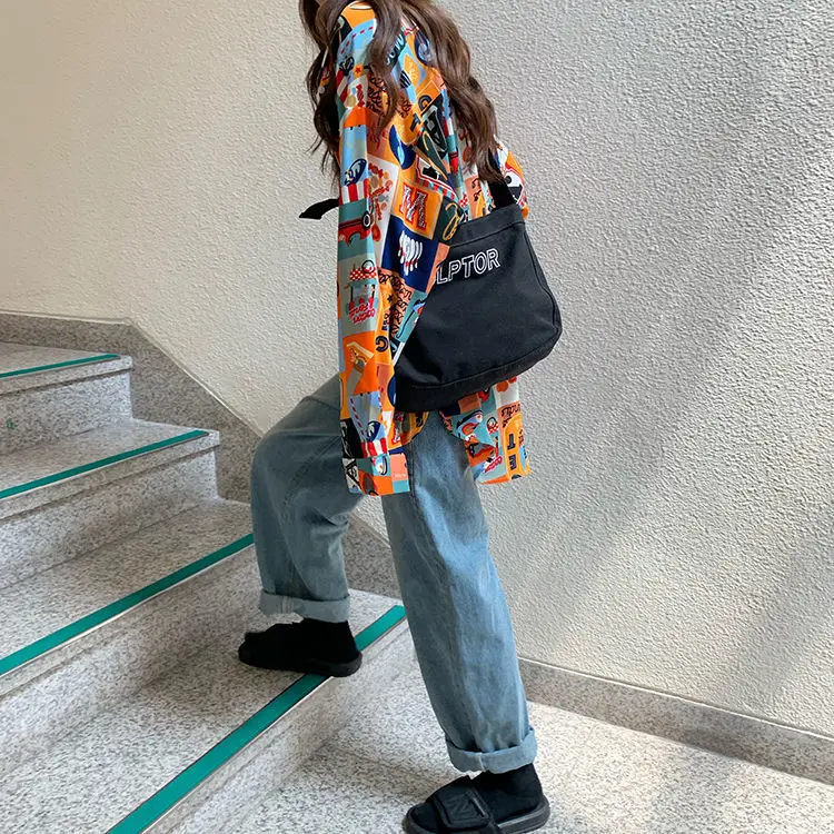 

Spring and autumn new girl print loose polo collar medium length shirt women's coat