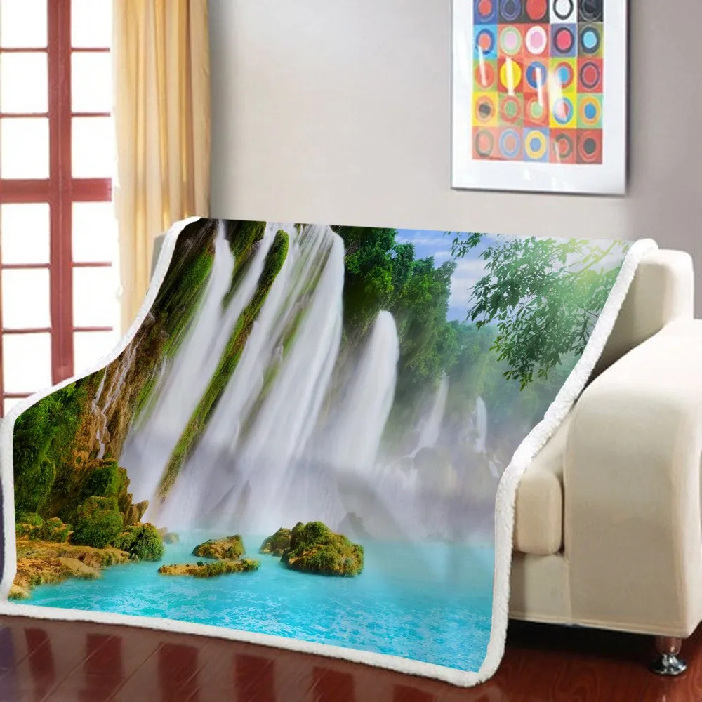 

Natural Scenery Sherpa Blanket Waterfall Landscape Throw Blanket Picnic Airplane Weighted Blanket For Bedroom Nap Office Blanket