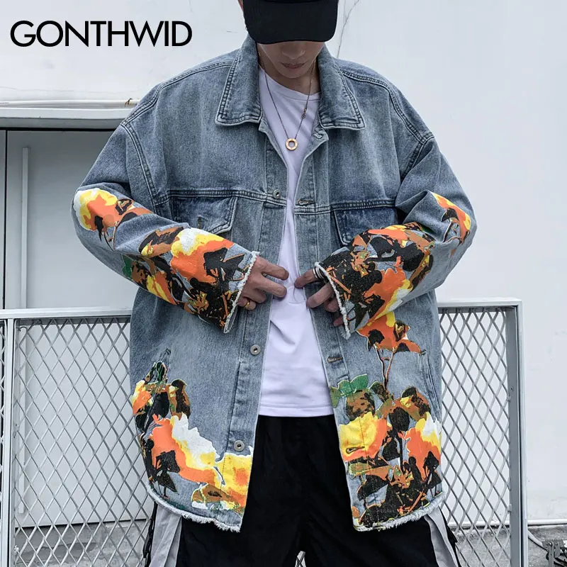 GONTHWID/джинсовые куртки с цветочным принтом, пальто в стиле хип-хоп, повседневные свободные джинсы, уличная куртка, топы для мужчин, модная верхняя одежда, куртка