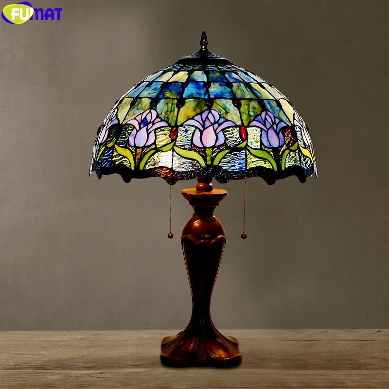 

FUMAT Tiffany Style Rose Morning Glory Tulip Butterfly Dragonfly Stained Glass Desk Lamp Art Decor Table Light Colorful Shade