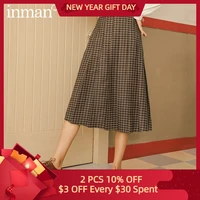 inman autumn winter bottom wear korean fashion retro literary pleated high waist long length vintage plaid school midi skirt