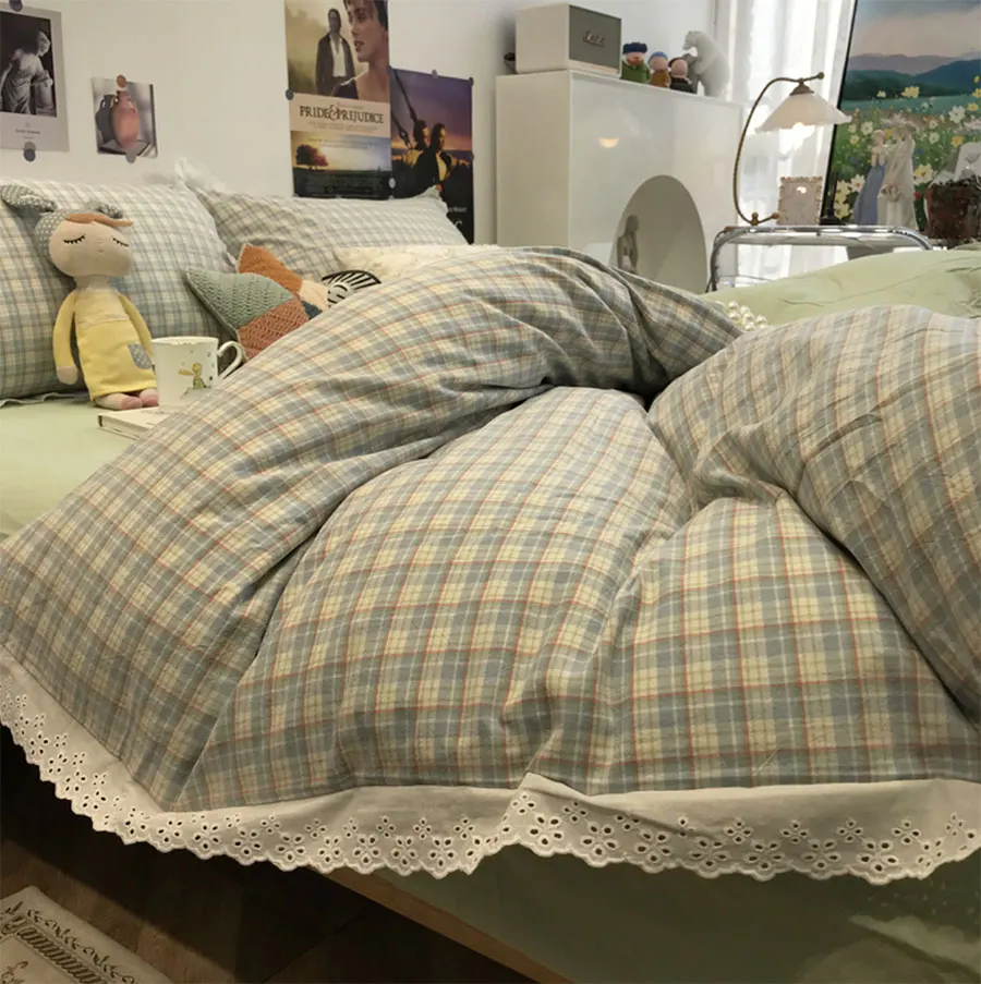 

Fairyfair lace geometric plaid bedding set,checked cotton twin full queen King home textile bed sheet pillow case duvet cover