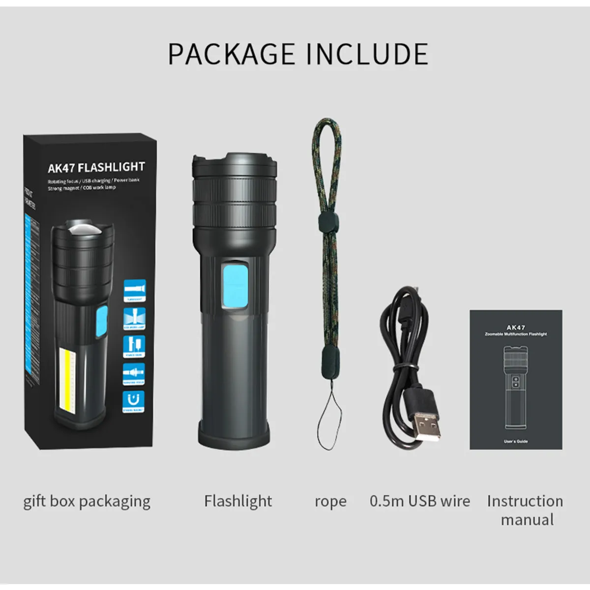 

Portable LED Flashlight T6 COB Light Rechargeable Flashlight Built-in Battery Zoom Flashlight 7 Mode Waterproof Emergency Torch