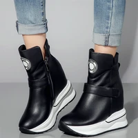 black white trainers women genuine leather wedges high heel ankle boots female high top round toe fashion sneakers casual shoes