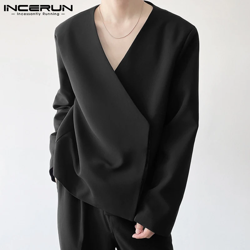 

Блейзер INCERUN мужской с V-образным вырезом, повседневный однотонный пиджак на шнуровке, уличная одежда, костюм для отдыха, модная тонкая куртк...