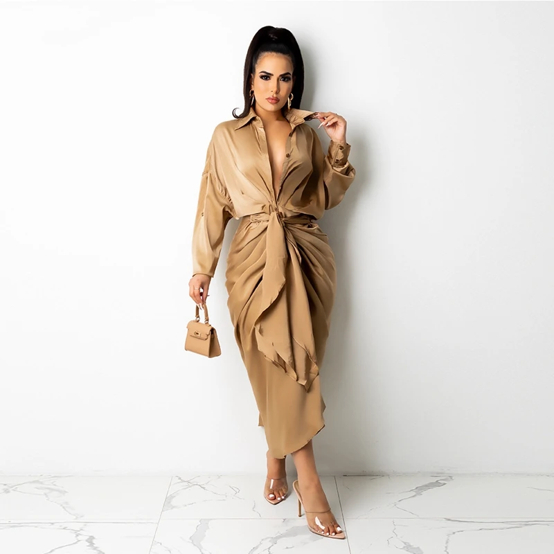 

Платье-рубашка женское атласное, с длинным рукавом, на пуговицах