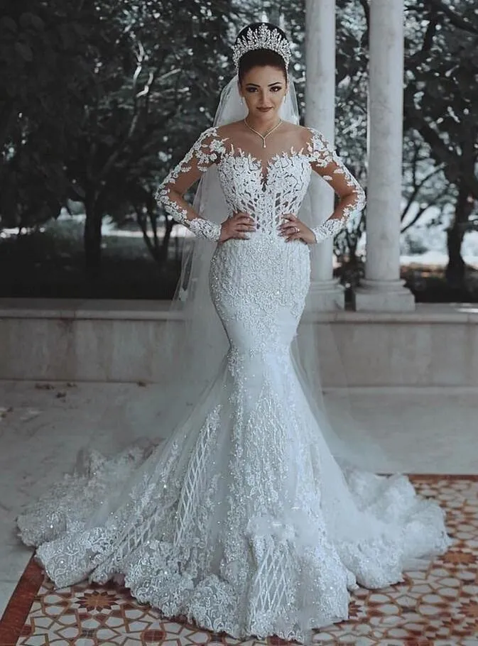 Vestido de noiva Сексуальные Длинные рукава Кружева Свадебное платье Новое прозрачное Назад кружевное платье русалки de mariee заказное платье невесты