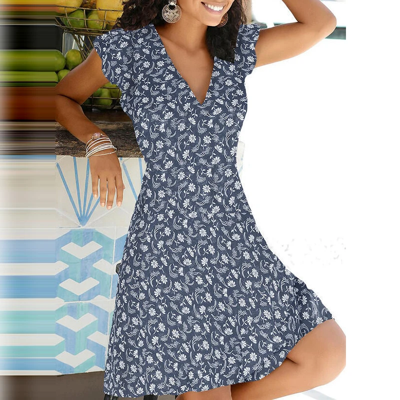 

Spring Summer 2021 New Casual Floral Print V Neck Pullover A-line Dress Fashion Short Sleeves Elegant Office Lady Party Vestidos