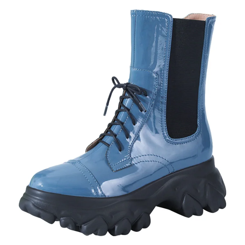 

High Quality Womens Thick Bottom High-Top Genuine Leather Chelsea Boot Mixed Colors Lace Up Height Increasing Cowhide Ankle Boot