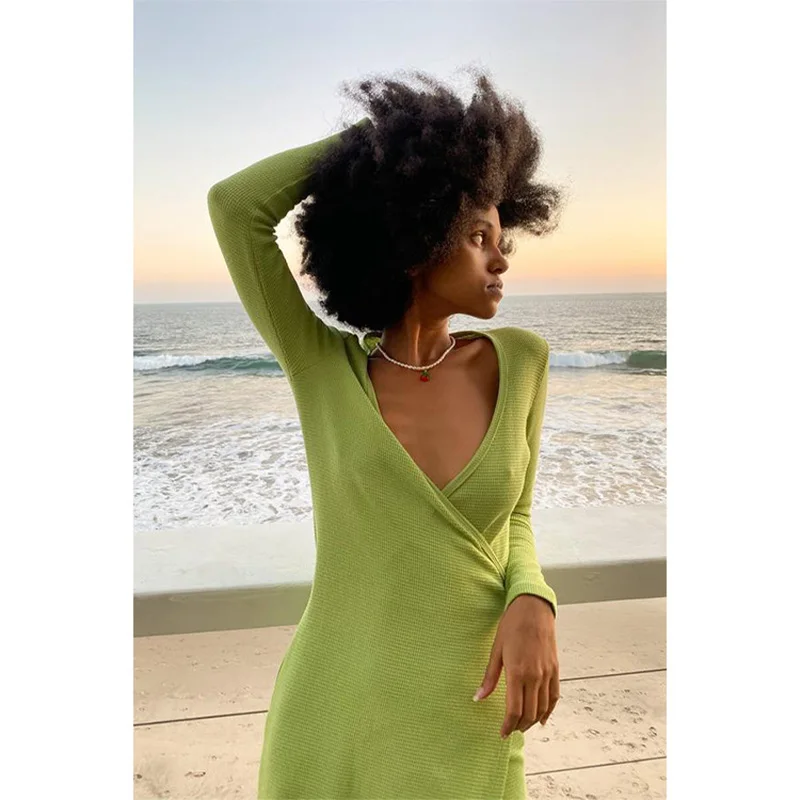 

Fashion women's sexy long-sleeved V-neck irregular pleated hip knitted long skirt