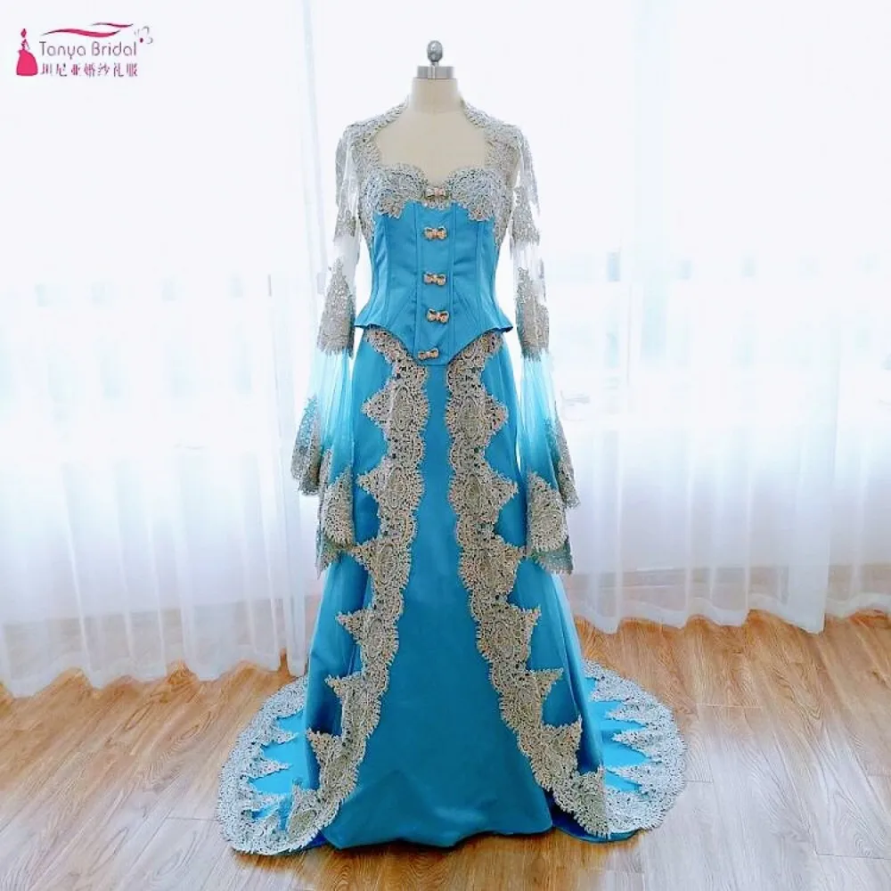 

Blue Muslim Evening Dresses With Silver Lace Long Flares Sleeves Mermaid Arabic Women Lady Gown Court Train DQG151