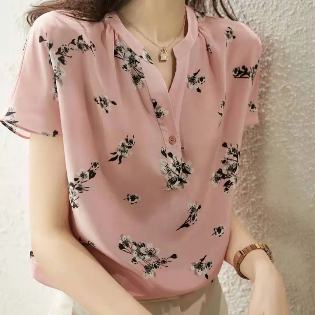 

Pink plum print small V-neck raglan sleeve mulberry silk top shirts for women Summer Regular Chiffon harajuku shirt