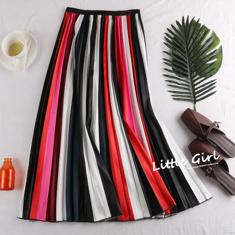 

Spring Summer High Waist Thin Color Pleated Long Skirt Style A-line Medium Length Creative Skirts Female Plus Size Pastel