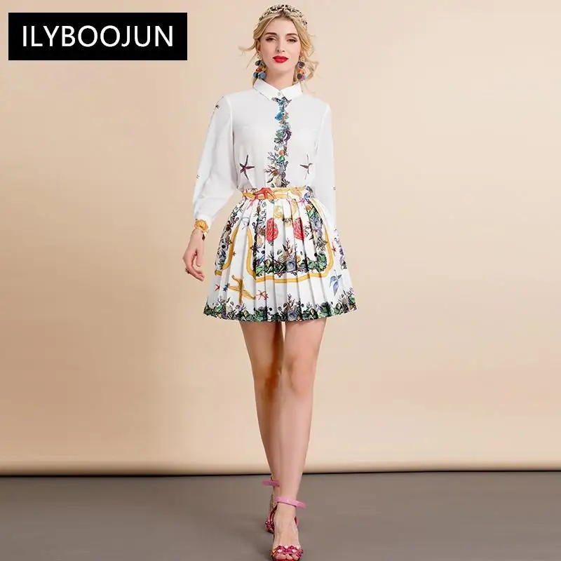 

Autumn Runway Skirt Set Women's Casual Long Sleeve Blouse and Underwater world print Pleated Skirt 2 Pieces Suit