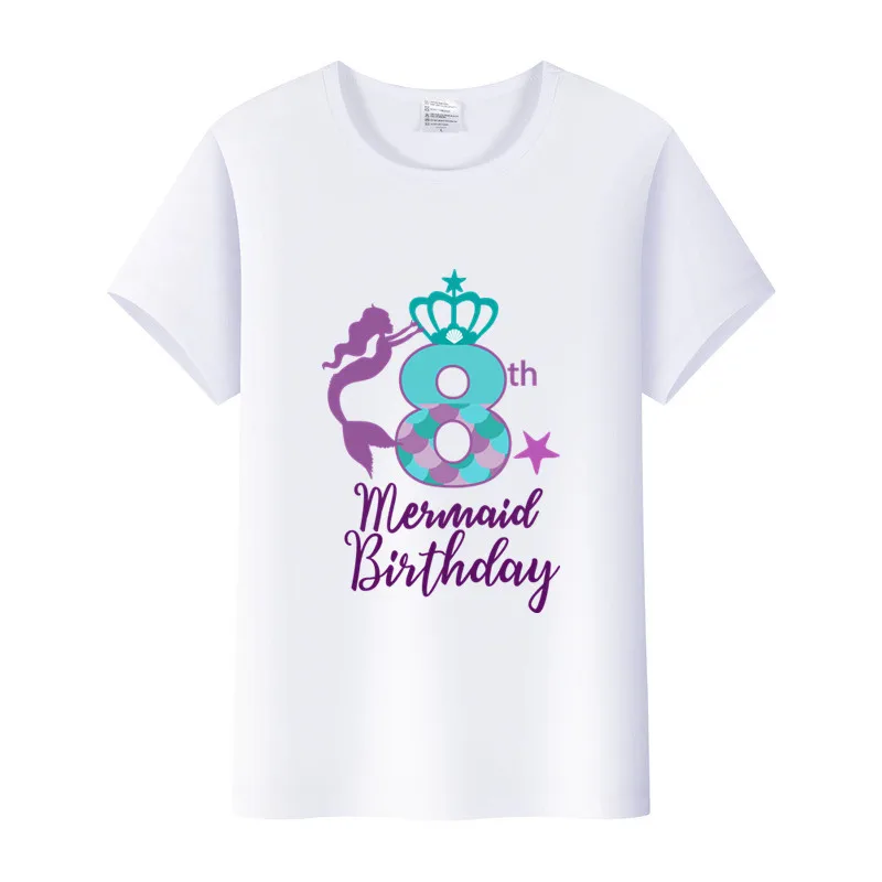 

1-10Years Girls Mermaid Tops Birthday Party Children White T Shirts Graphic Baby Girl Clothes Toddler Girls Tshirt Kids Tees